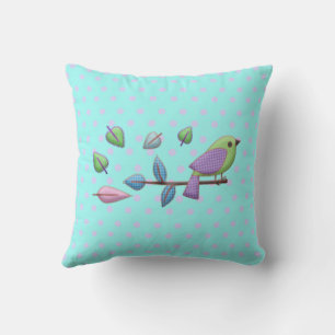 Plaid Bird with Gingham Leaves Pink Blue Dots Cushion