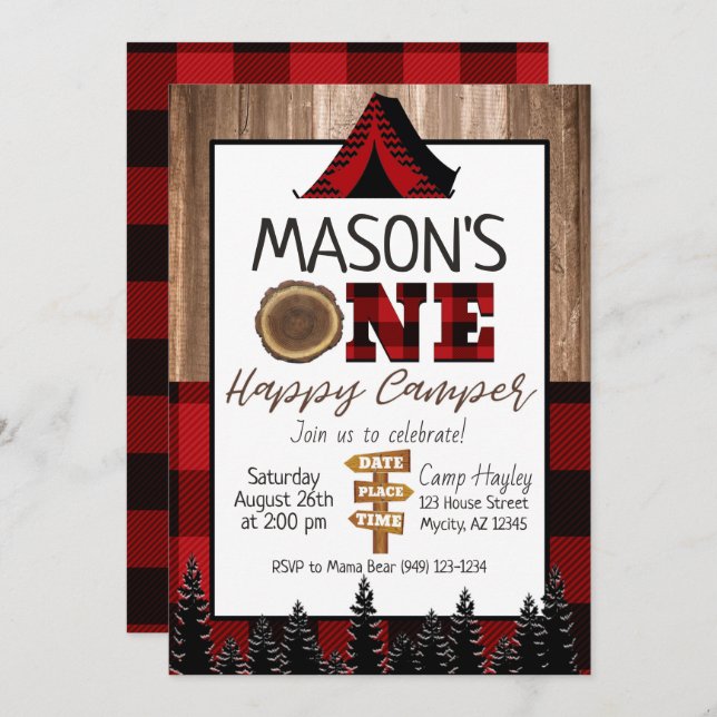 Plaid black and Red One Happy Camper Boy Camping  Invitation (Front/Back)