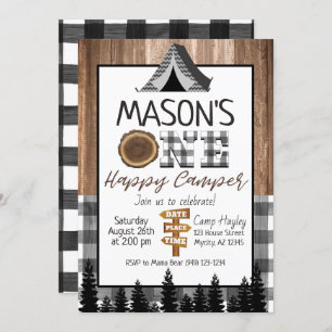 Plaid black and white One Happy Camper Boy Camping Invitation