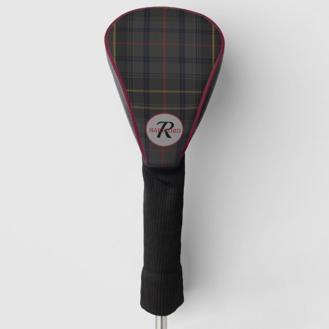 Plaid Black Grey Men's Monogram Gift Golf Head Cover (Front)
