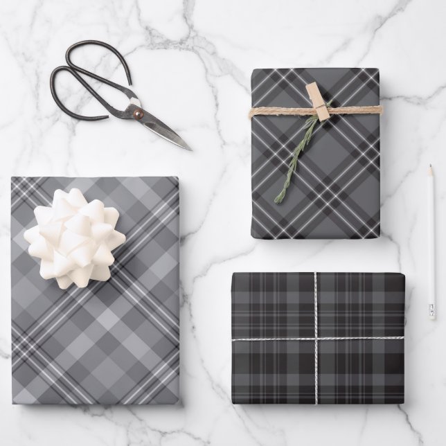 Plaid Black White and Grey  Wrapping Paper Sheet (Front)