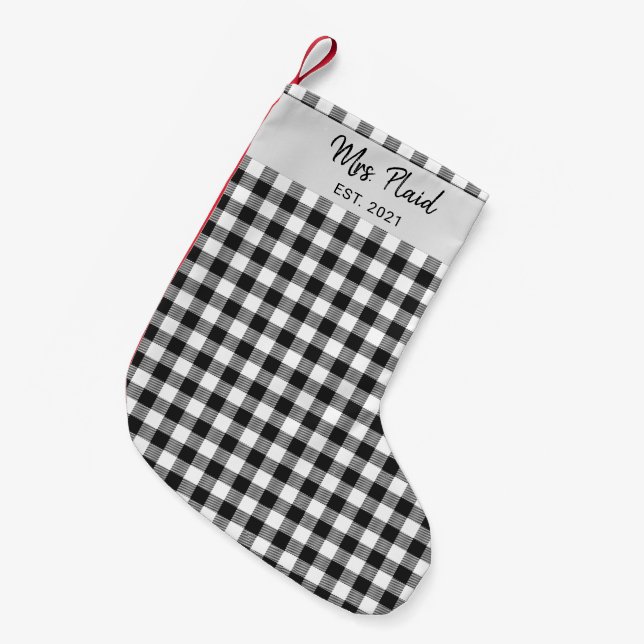 Plaid Black White Buffalo Check Tartan Mrs Small Christmas Stocking (Front (Hanging))
