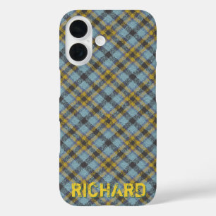 Plaid Blue and Gold Name Template iPhone 16 Case