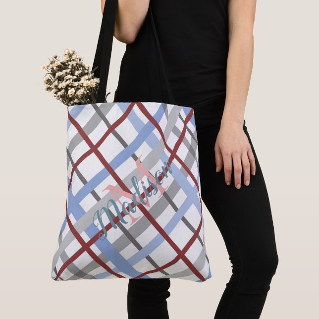 Plaid Blue Burgundy Cute Girly Name Monogram Tote Bag (Close Up)