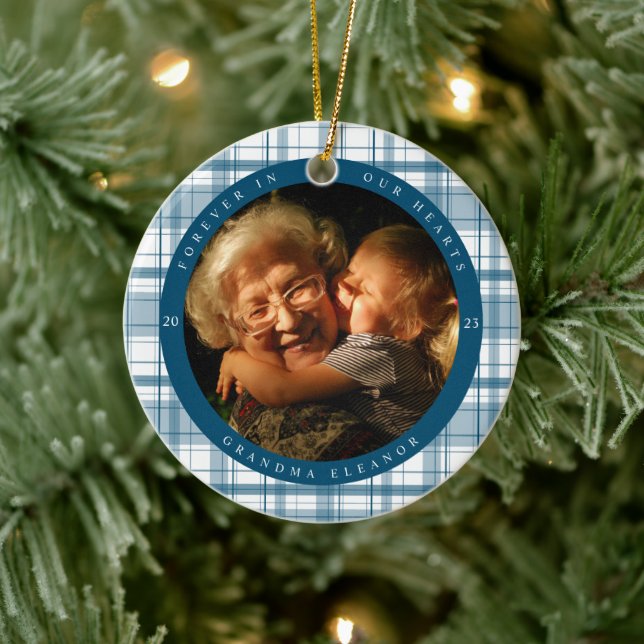 Plaid Blue Memorial Two Photo Ceramic Ornament (Tree)