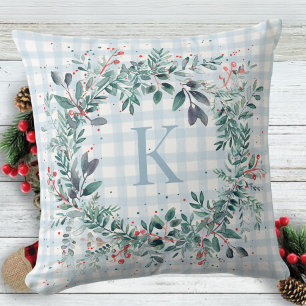 Plaid Blue Monogram Greenery Christmas Wreath Cushion