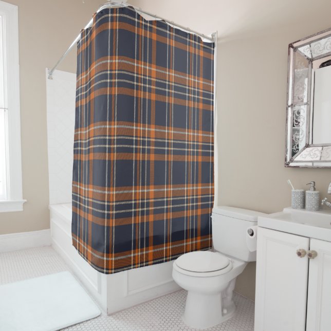 Plaid Blue,Orange,and Grey Shower Curtain (In Situ)