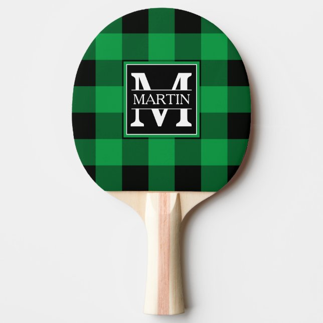 Plaid blue pattern monogram ping pong paddle (Front)