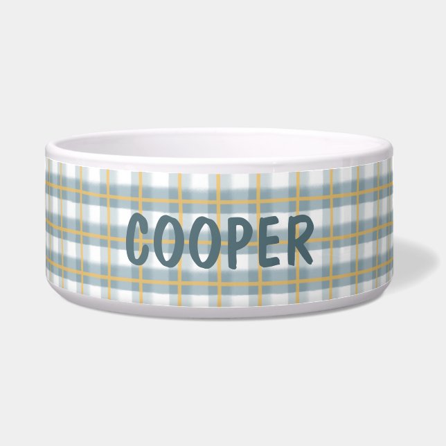 Plaid Blue White Yellow - Dog Bowl with Name  (Front)