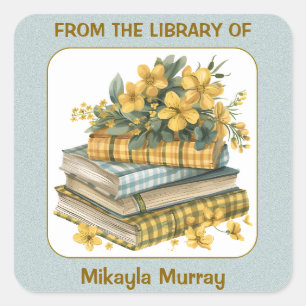 Plaid Books and Yellow Flowers Bookplate Square Sticker