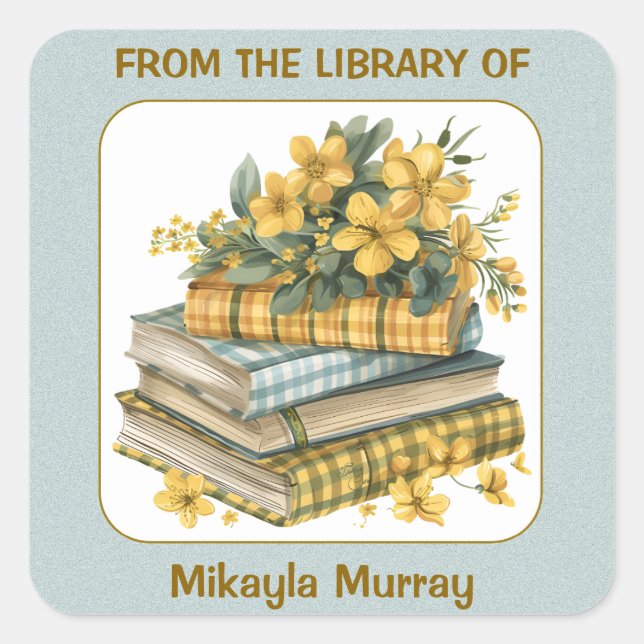 Plaid Books and Yellow Flowers Bookplate Square Sticker (Front)