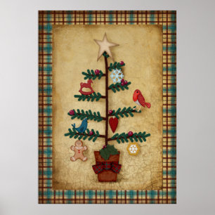 Plaid Border Folk Art Christmas Tree and Ornaments Poster