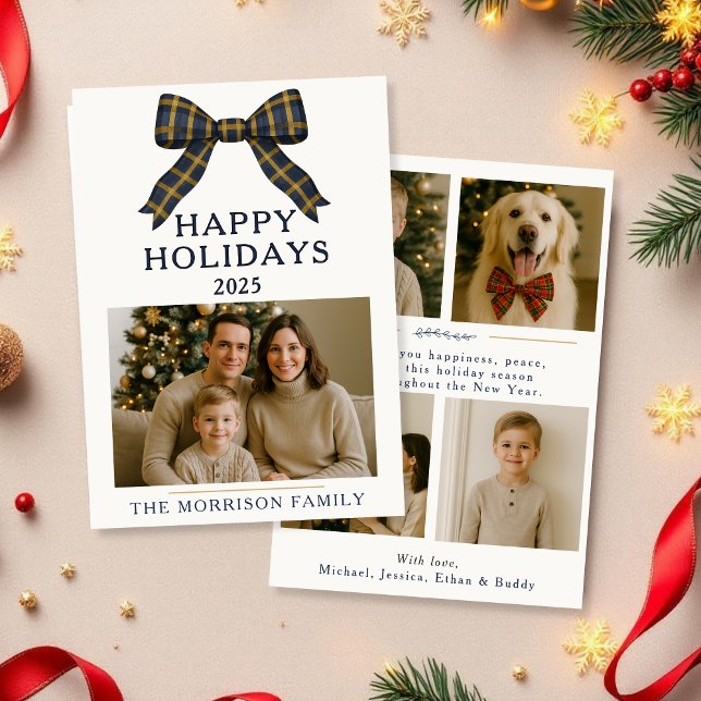 Plaid Bow Christmas Photo Holiday Flat Card (Creator Uploaded)