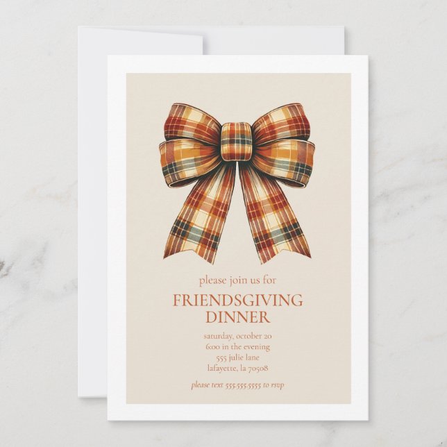 Plaid Bow Friendsgiving Thanksgiving Dinner Invitation (Front)
