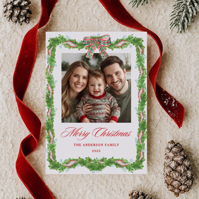 Plaid Bow Greenery Frame Photo Holiday Card (Creator Uploaded)