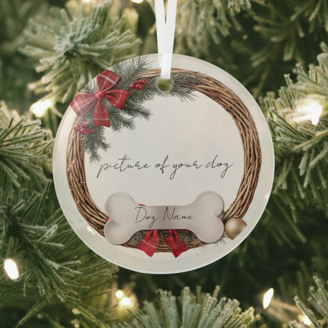 Plaid Bow & Pine Wreath Rustic Dog Ornament (Insitu)