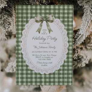 Plaid Bow Scalloped Lace Frame Christmas Party Invitation