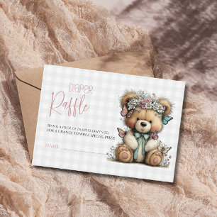 Plaid Bow Teddy Daisy Baby Shower Diaper Raffle Enclosure Card