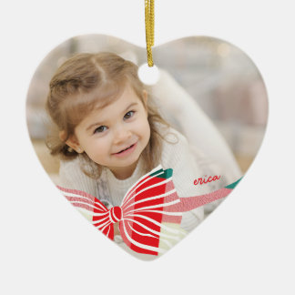 Plaid Bow Yearly Keepsake Photo Christmas Heart Ceramic Ornament