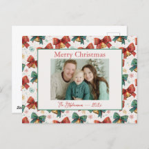 Plaid Bows Bells Photo Christmas Postcard