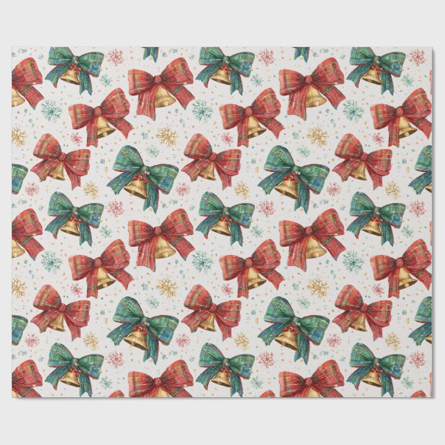 Plaid Bows Bells Retro Christmas  Wrapping Paper (Flat)
