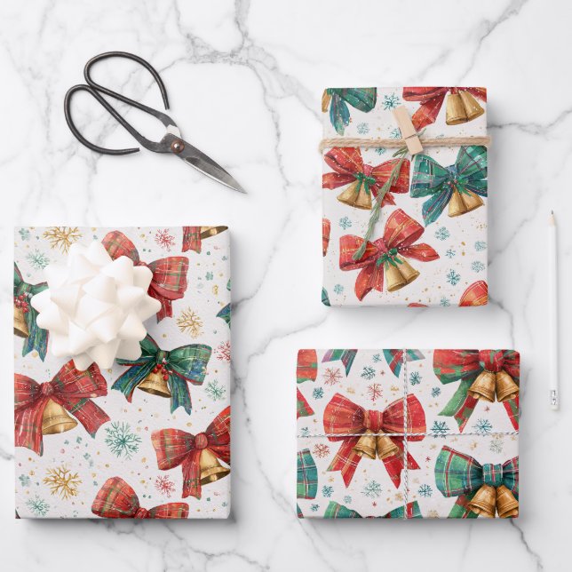Plaid Bows Bells Retro Christmas  Wrapping Paper Sheet (Front)