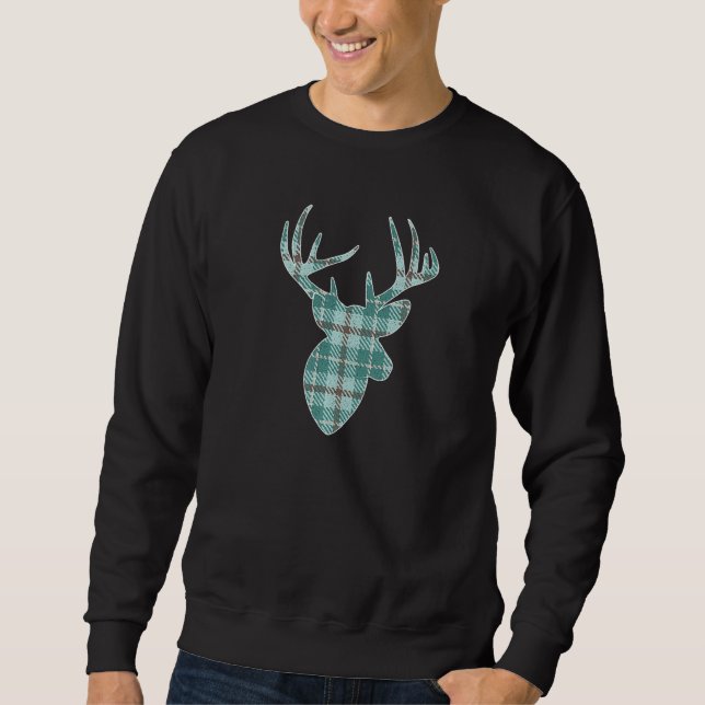 Plaid Buffalo Emerald Tan Plaid Deer Head Christma Sweatshirt (Front)
