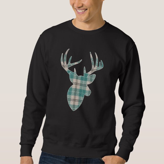 Plaid Buffalo Emerald Tan Plaid Deer Head Christma Sweatshirt (Front)
