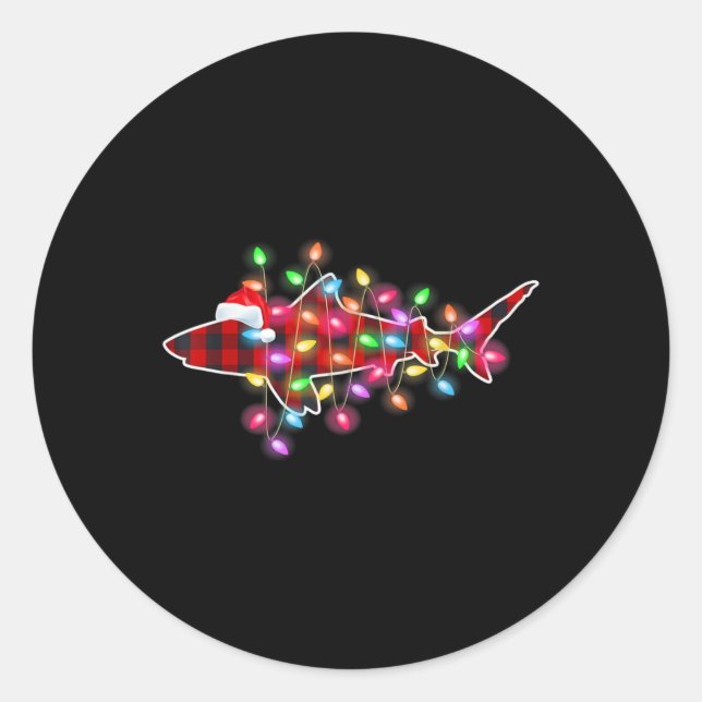 Plaid Buffalo Shark Christmas Pajamas Xmas Lights  Classic Round Sticker (Front)