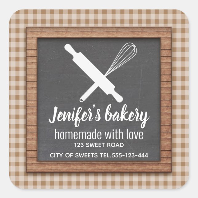 Plaid Chalkboard whisk rolling pin bakery Square Sticker (Front)