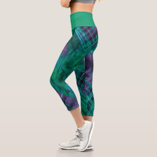 Plaid Check Purple Green Tartan Emerald Waistband  Capri Leggings