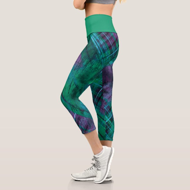 Plaid Check Purple Green Tartan Emerald Waistband  Capri Leggings (Left)