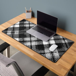 Plaid Check Tartan Black White Farmhouse Modern Desk Mat
