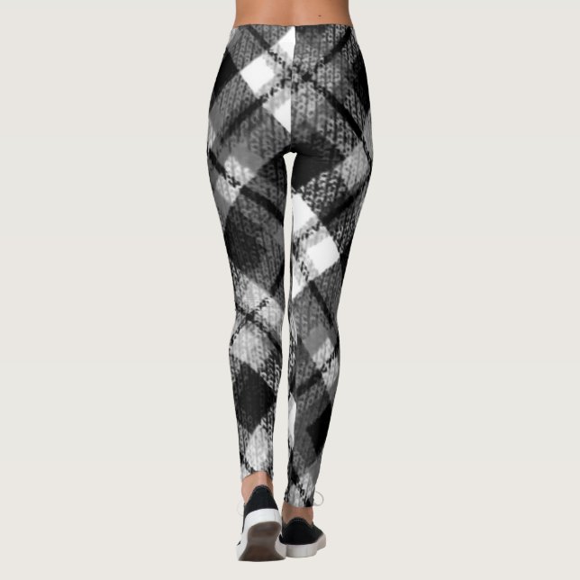 Plaid Check Tartan Black White Farmhouse Modern Leggings (Back)