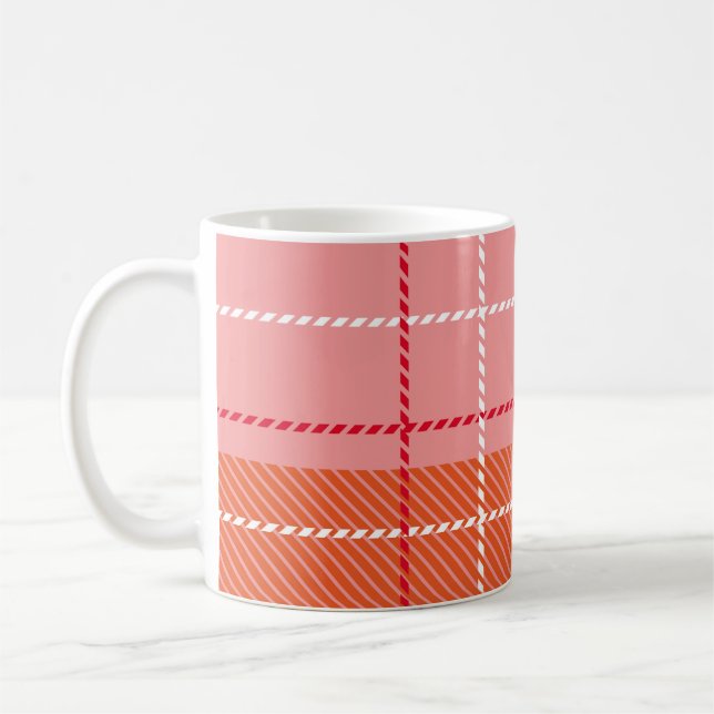 Plaid Checkered Fabric Pattern in pink,  pale oran Coffee Mug (Left)