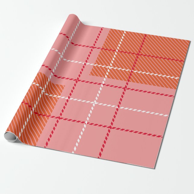 Plaid Checkered Fabric Pattern in pink,  pale oran Wrapping Paper (Unrolled)