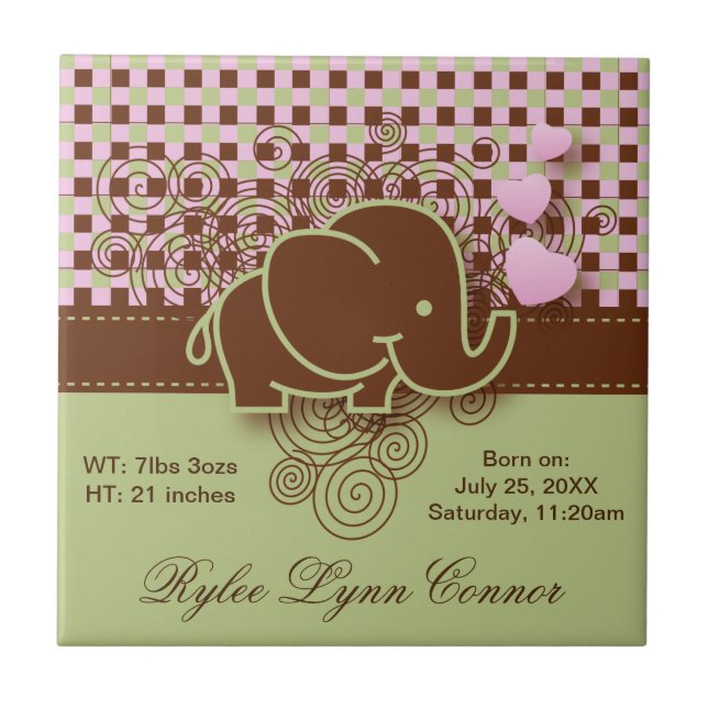 Plaid Chequered Elephant Design | Pink Brown Green Ceramic Tile (Front)