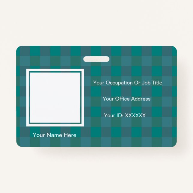 Plaid Chequered Teal Photo Text Templates Employee ID Badge (Front)