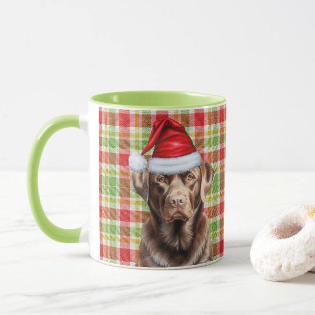 Plaid Chocolate Lab Dog Lover's Christmas Holiday Mug (With Donut)