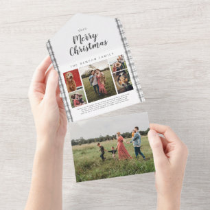 Plaid Christmas Charcoal 6 Photo Holiday All In On One Invitation