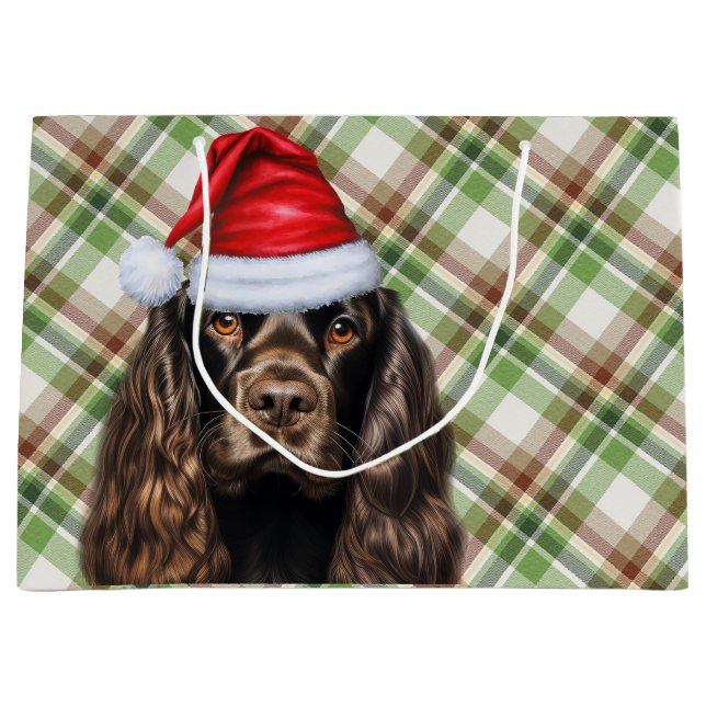 Plaid Christmas Chocolate Cocker Spaniel Dog  Large Gift Bag (Front)