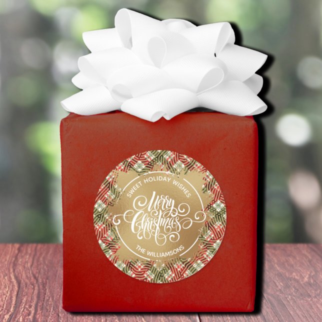 Plaid Christmas  Classic Round Sticker (Plaid Christmas sweet holiday wishes homemade baking round stickers)