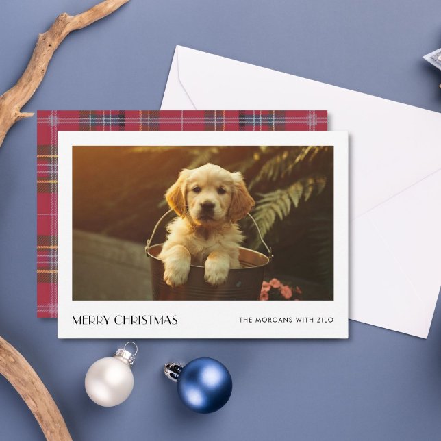 Plaid Christmas Elegant Puppy Dog Family Photo Holiday Card (Creator Uploaded)