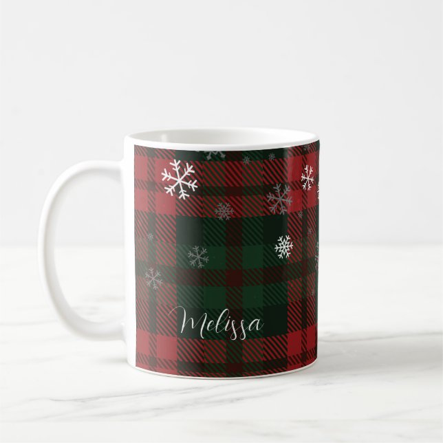 Plaid Christmas Holiday Snowflakes Pattern Coffee Mug (Left)
