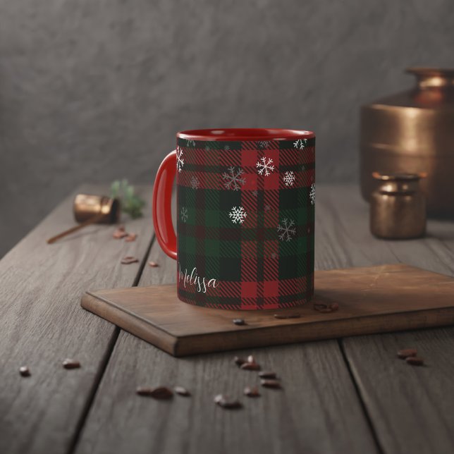 Plaid Christmas Holiday Snowflakes Red and Green Mug (Christmas Holiday Plaid and Snowflakes Personalized Two Tone 11oz Coffee Mug)