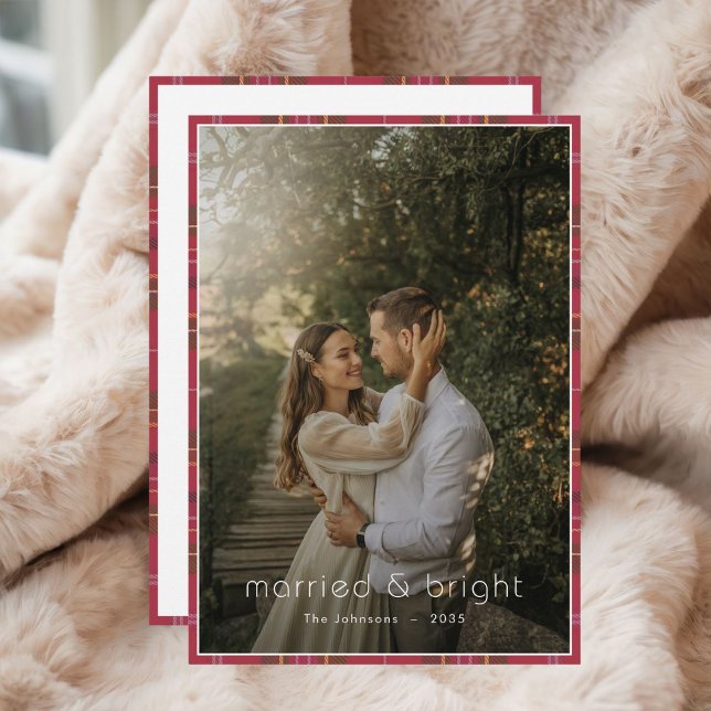 Plaid Christmas Married & Bright Rustic Boho Photo Holiday Card (Creator Uploaded)