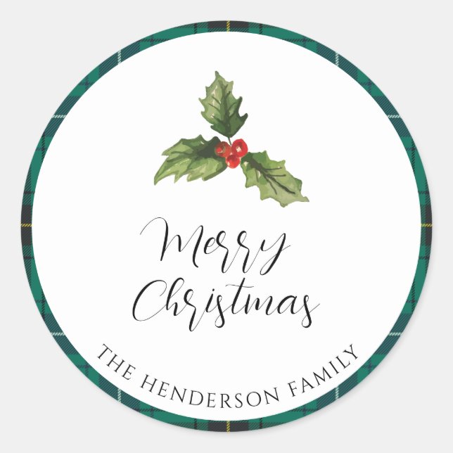 Plaid Christmas Mistletoe Tartan Return Address Classic Round Sticker (Front)