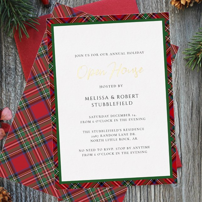 Plaid Christmas Open House Stewart Tartan Gold (Christmas Holiday Open House Script Plaid Stewart Tartan Gold Script Invitation)