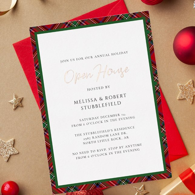 Plaid Christmas Party Stewart Tartan Rose Gold (Rustic Plaid Christmas Open House Rose Gold Foil Invitation)