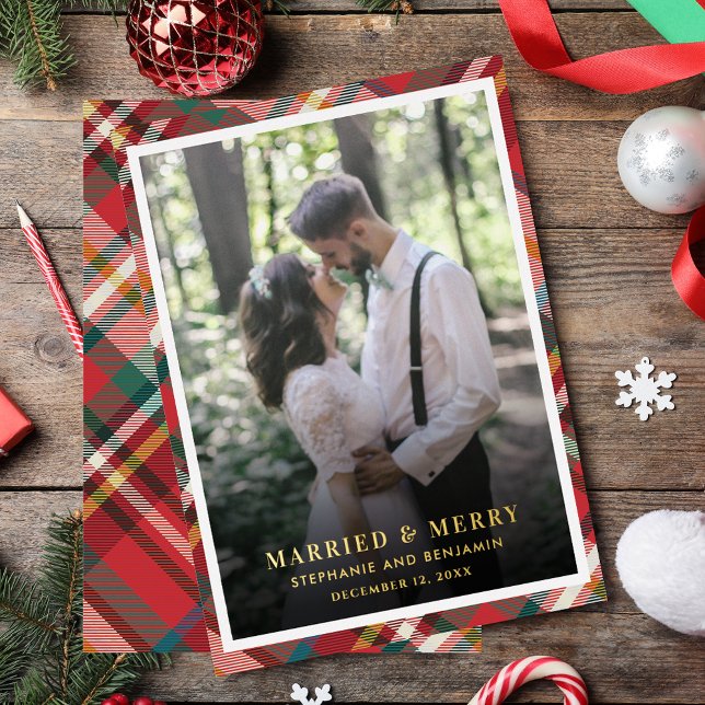 Plaid Christmas Photo Married and Merry Gold Foil Holiday Card (Plaid Christmas Photo Married and Merry Gold Foil Holiday Card)